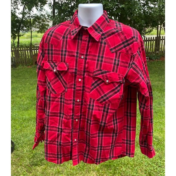 Vintage Red Plaid Western Snap Button Down Shirt Mens M Cotton - Picture 1 of 9